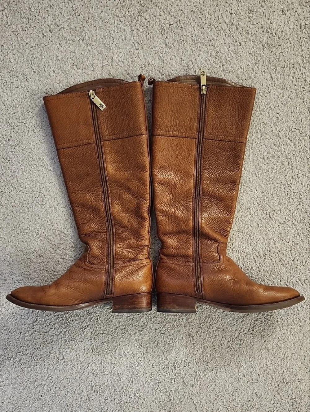 Tory Burch Cognac Leather Knee-High Boots with Gold Logo